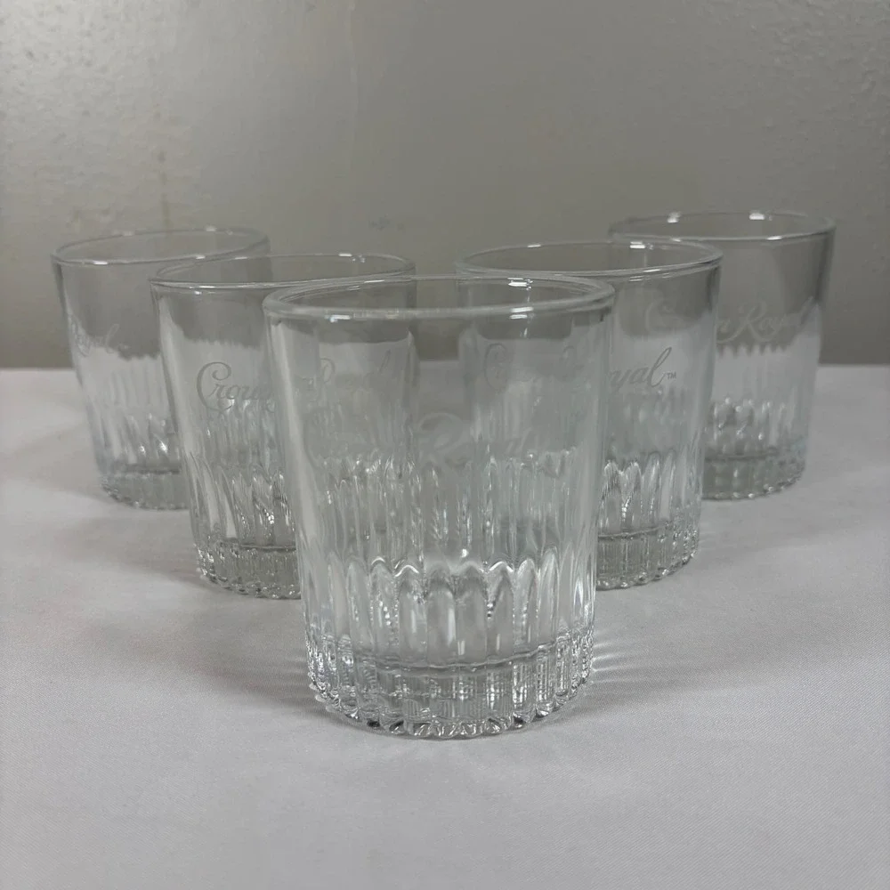 Vintage Crown Royal Whiskey Glasses Set of 5 Fluted‎ Base Lowball Rocks Tumblers